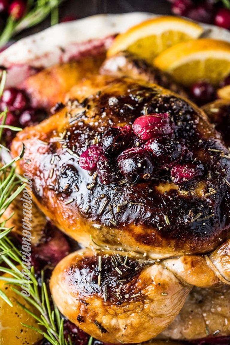 Orange Cranberry Roast Chicken with Rosemary Balsamic Butter