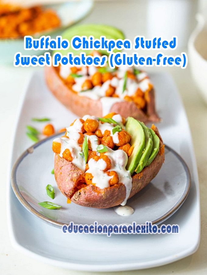 Buffalo Chickpea Stuffed Sweet Potatoes (Gluten-Free)